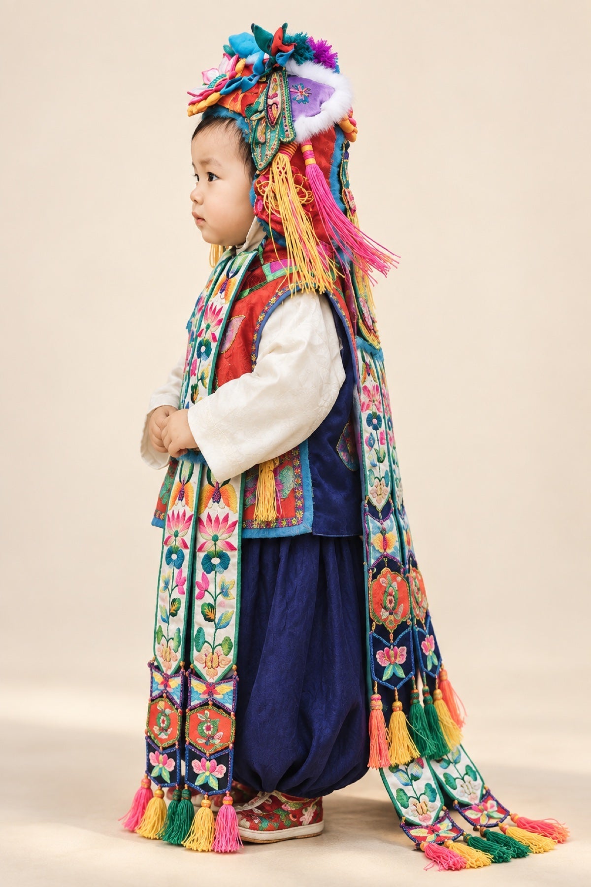 Child in a traditional embroidered tiger hat ensemble