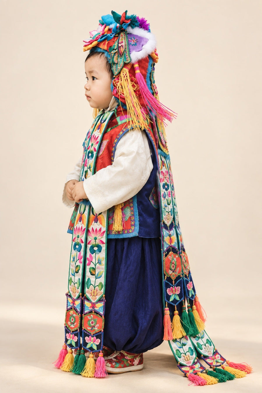 Child in a traditional embroidered tiger hat ensemble